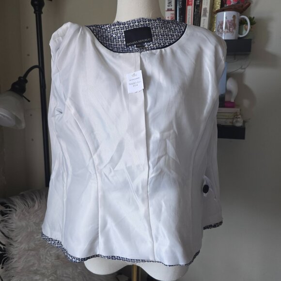 Banana Republic Blue & White Tweed Fringe Trim Single Button Blazer Jacket NWT - Picture 12 of 14